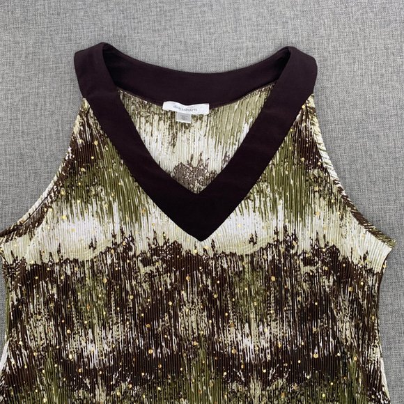 Dressbarn Sleeveless Sequined‎ Blouse V-Neck Petite Large Textures Green Brown - Picture 2 of 12